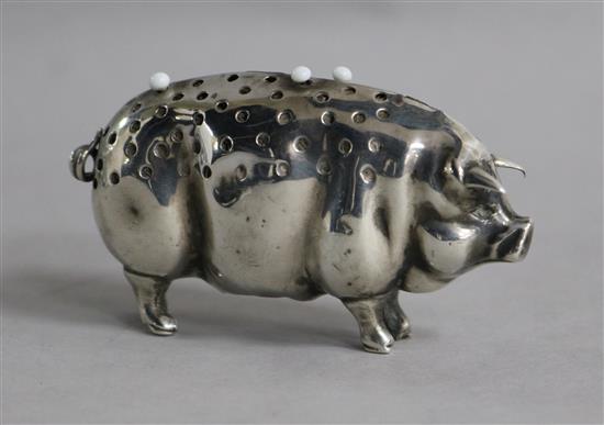 An Edwardian silver pig pin cushion by Levi & Salaman, Birmingham, 1904,